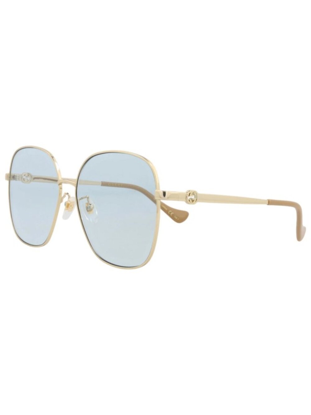 New Gucci Women's Sunglasses Square Rectangle Metal Frame Gold Gold Light Blue
